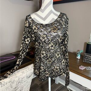 Black and Gold Embellished Fitted Long Sleeve Lace Blouse
